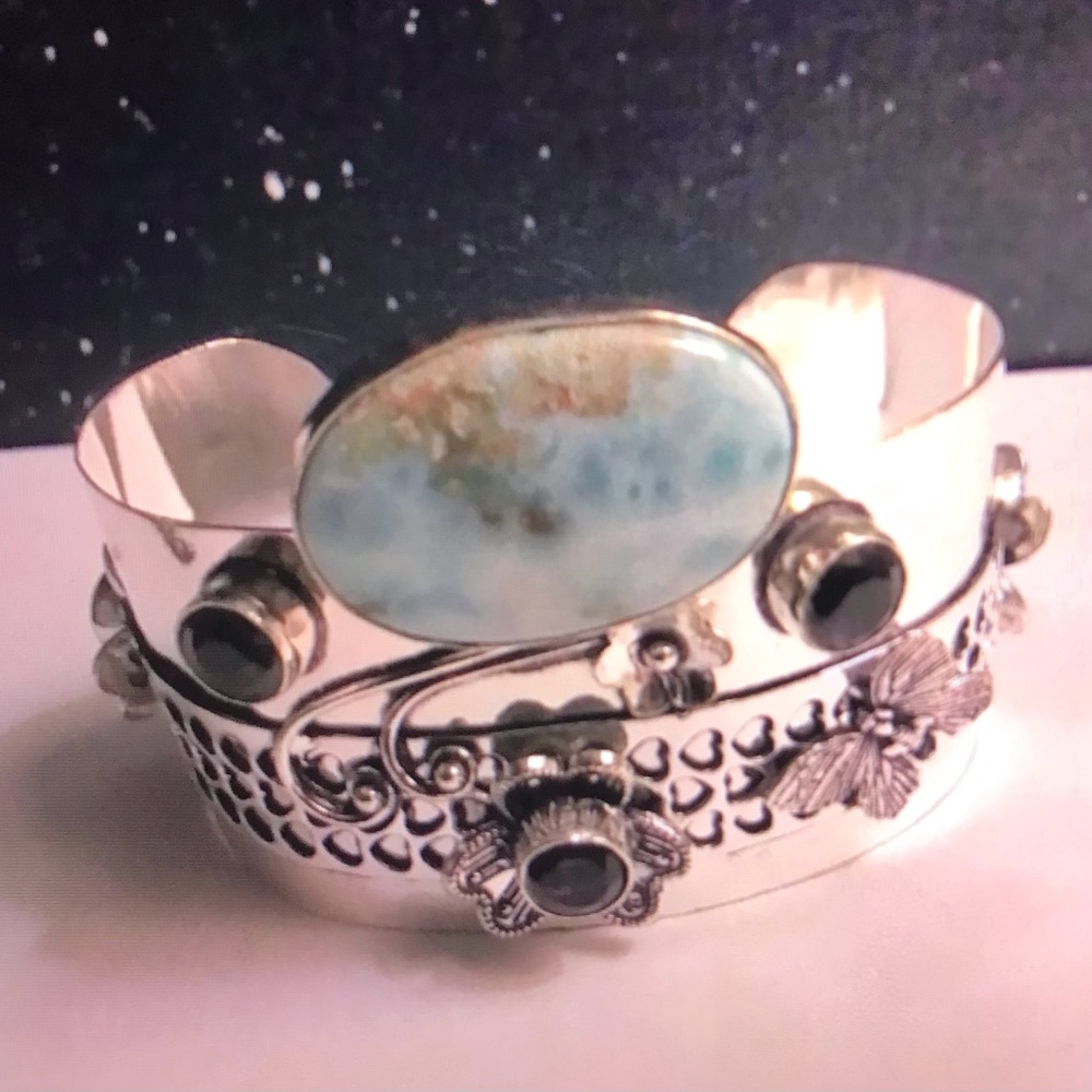 Solid 925 Sterling Silver Larimar Cuff Bracelet